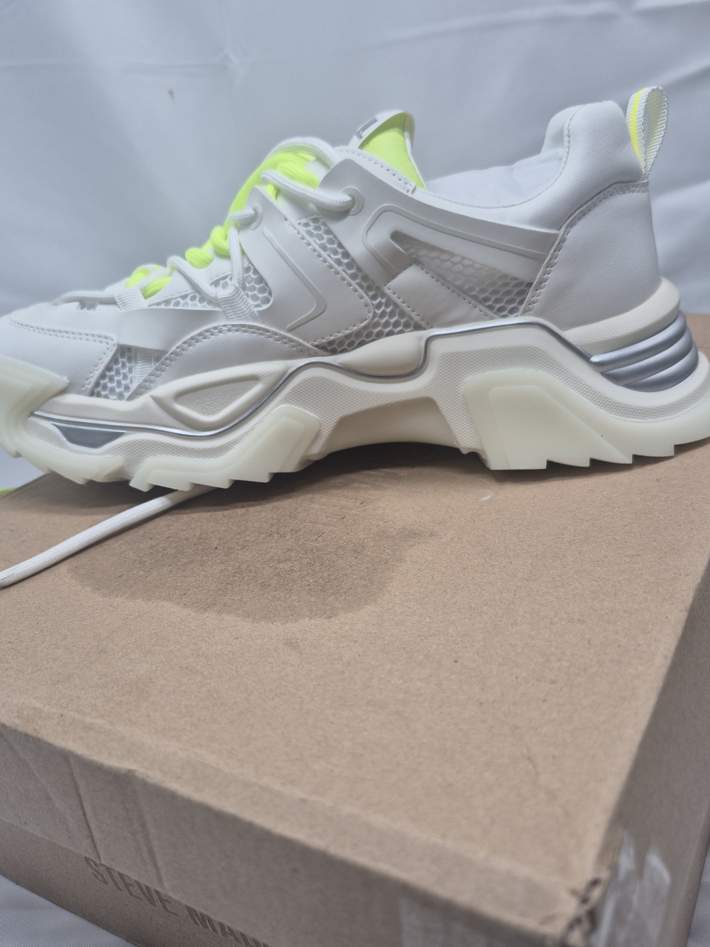Madden White Platform Sneaker with Neon Yellow Eyelet Detail